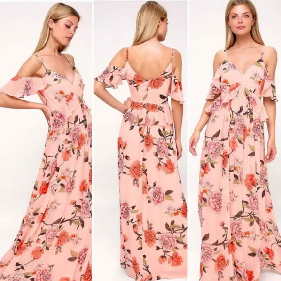 LuLus De Fleur Blush Floral Pink Ruffled Shoulder Maxi Dress NWT, Size Medium - Picture 15 of 15